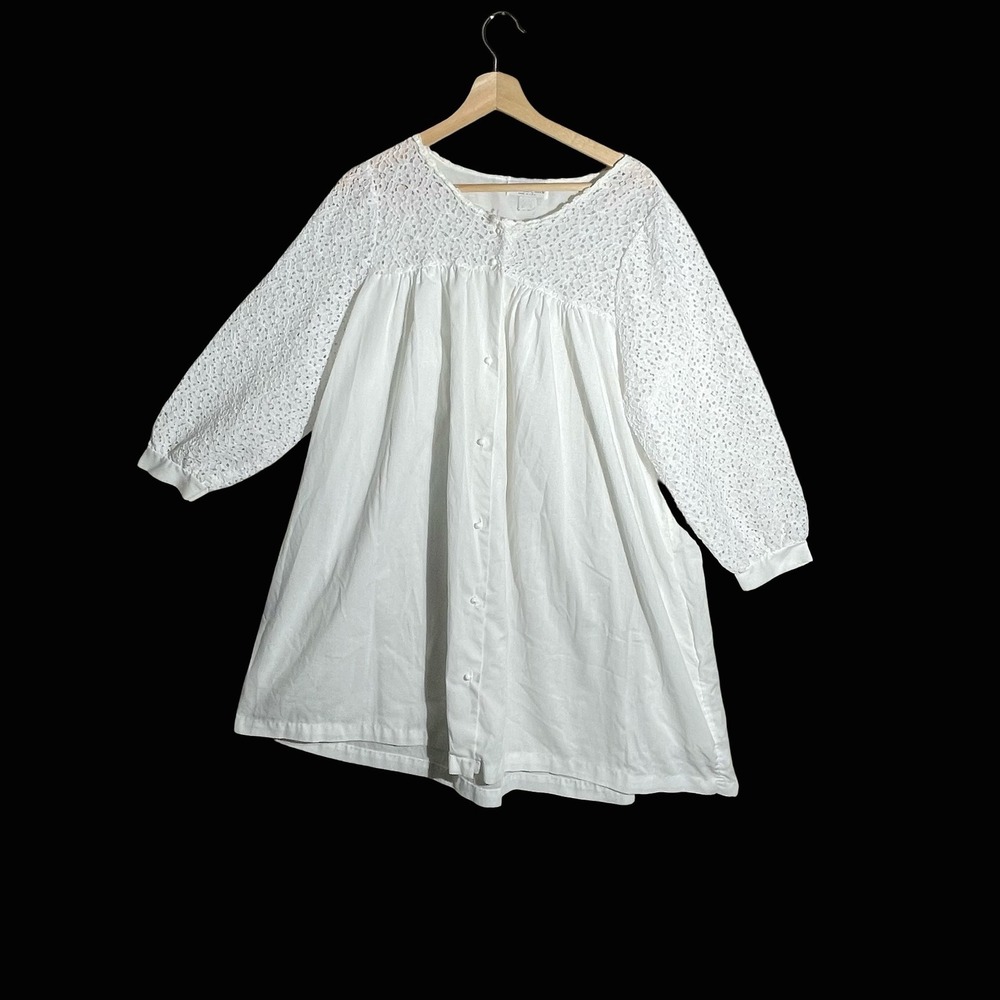 Willow Creek White Eyelet Lace Button Front House Dress Nightgown USA Made - Picture 2 of 9